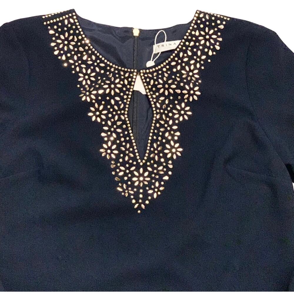 Trina Turk Shiraz Womens NEW Shift Dress  Navy Blue Sz 6 Embellished Long Sleeve